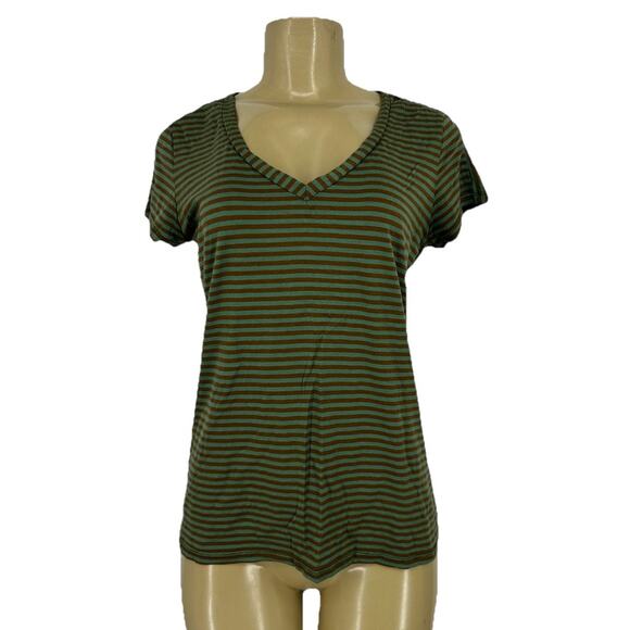 Ibex Medium Women Zque Merino Wool Short Sleeve T-shirt Striped V-neck U22 - Picture 1 of 8